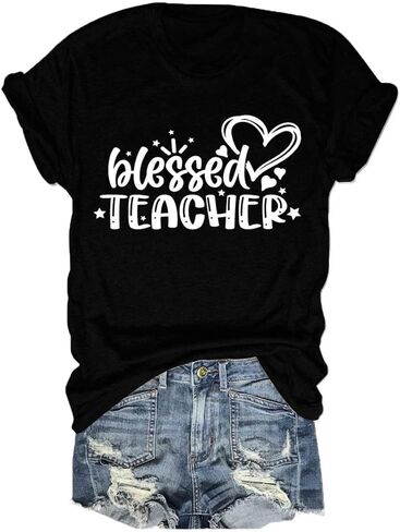 تي شيرت FORHVIPS Blessed Teacher قميص نسائي برسوم على شكل قلب وأكمام قصيرة in Kuwait