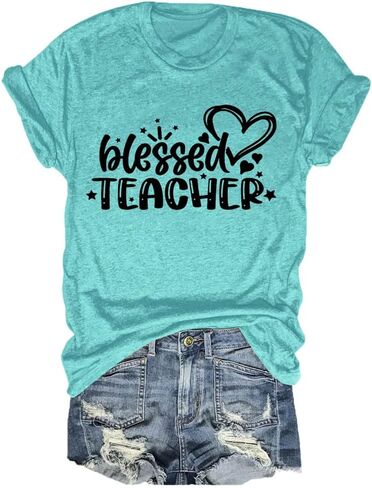 تي شيرت FORHVIPS Blessed Teacher قميص نسائي برسوم على شكل قلب وأكمام قصيرة in Kuwait