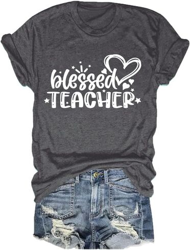تي شيرت FORHVIPS Blessed Teacher قميص نسائي برسوم على شكل قلب وأكمام قصيرة in Kuwait