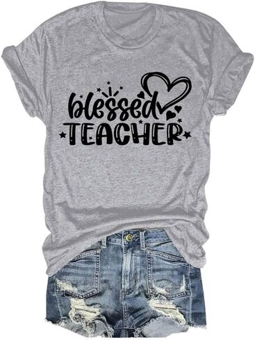تي شيرت FORHVIPS Blessed Teacher قميص نسائي برسوم على شكل قلب وأكمام قصيرة in Kuwait