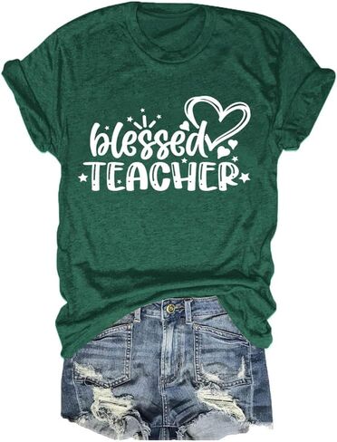 تي شيرت FORHVIPS Blessed Teacher قميص نسائي برسوم على شكل قلب وأكمام قصيرة in Kuwait