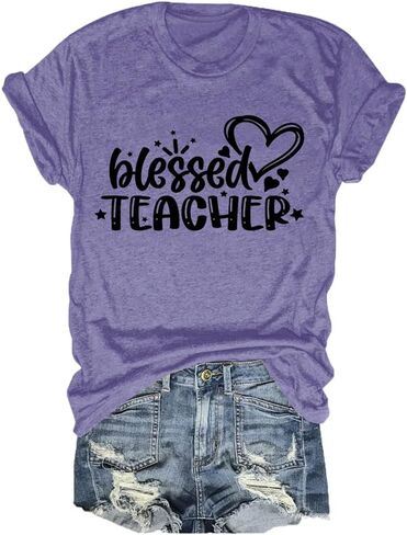 تي شيرت FORHVIPS Blessed Teacher قميص نسائي برسوم على شكل قلب وأكمام قصيرة in Kuwait