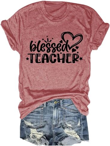 تي شيرت FORHVIPS Blessed Teacher قميص نسائي برسوم على شكل قلب وأكمام قصيرة in Kuwait