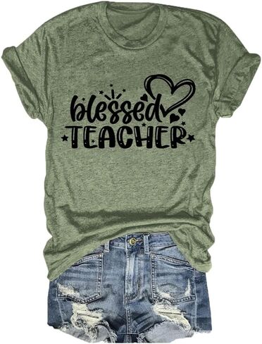 تي شيرت FORHVIPS Blessed Teacher قميص نسائي برسوم على شكل قلب وأكمام قصيرة in Kuwait