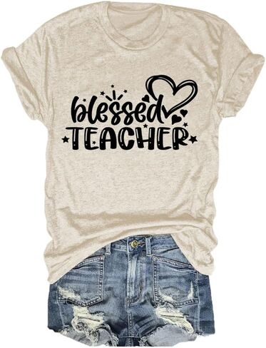 تي شيرت FORHVIPS Blessed Teacher قميص نسائي برسوم على شكل قلب وأكمام قصيرة in Kuwait