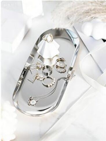 Silve Tray Decorative, Stainless Steel Perfume Trays,12" L x 4.8" W, Oval | Bathroom Cabinet,Dressing Table,bedside table,Candle,Washing Liquid Bottle,Jewelry and Key Accessories Kitchen countertop in Kuwait