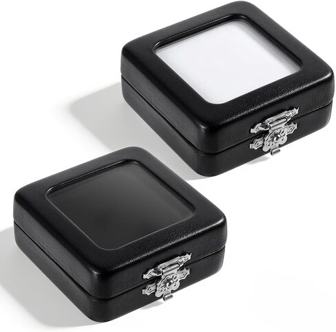 Small Display Box, 2 Pack 2.2x2.2x0.9Inch PU Leather Gemstone Display Case Small Coin Storage Box Gem Holder with Lid and Sponge for Jewelry Trade Show Coin Gems Displaying, Black in Saudi Arabia