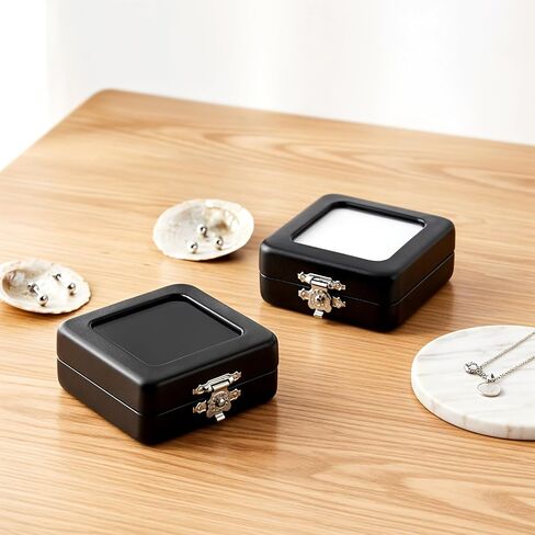 Small Display Box, 2 Pack 2.2x2.2x0.9Inch PU Leather Gemstone Display Case Small Coin Storage Box Gem Holder with Lid and Sponge for Jewelry Trade Show Coin Gems Displaying, Black in Saudi Arabia