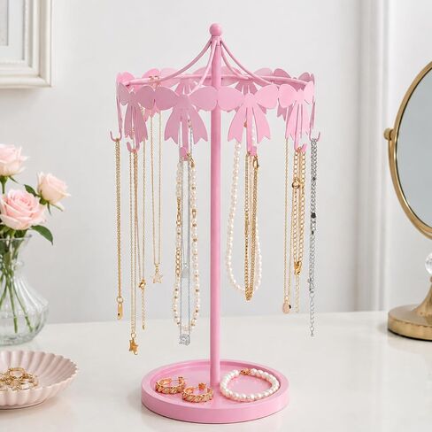 Sliner Pink Bow Necklace Display Holder Rotating Metal Table Jewelry Organizer Stand with 10 Hooks Coquettish Jewelry Towers Freestanding Carousel Hanger for Earrings Bracelets Necklaces Women in Kuwait