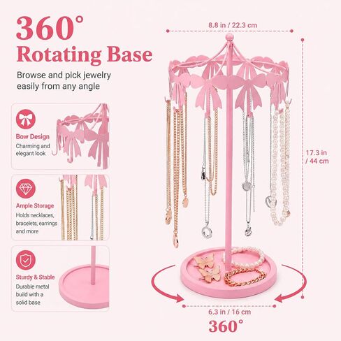 Sliner Pink Bow Necklace Display Holder Rotating Metal Table Jewelry Organizer Stand with 10 Hooks Coquettish Jewelry Towers Freestanding Carousel Hanger for Earrings Bracelets Necklaces Women in Kuwait