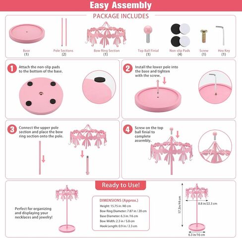 Sliner Pink Bow Necklace Display Holder Rotating Metal Table Jewelry Organizer Stand with 10 Hooks Coquettish Jewelry Towers Freestanding Carousel Hanger for Earrings Bracelets Necklaces Women in Kuwait