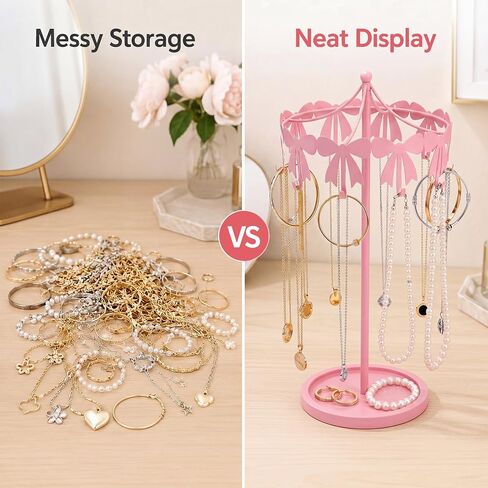 Sliner Pink Bow Necklace Display Holder Rotating Metal Table Jewelry Organizer Stand with 10 Hooks Coquettish Jewelry Towers Freestanding Carousel Hanger for Earrings Bracelets Necklaces Women in Kuwait