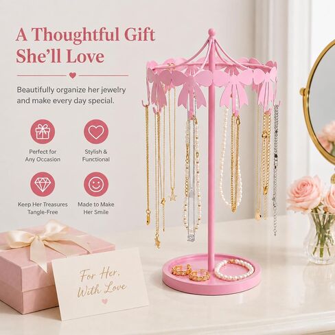 Sliner Pink Bow Necklace Display Holder Rotating Metal Table Jewelry Organizer Stand with 10 Hooks Coquettish Jewelry Towers Freestanding Carousel Hanger for Earrings Bracelets Necklaces Women in Kuwait