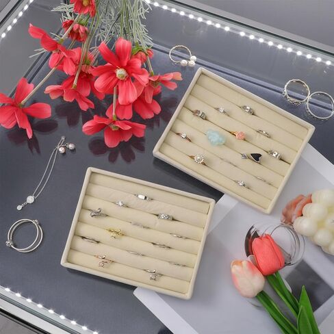 Ring Display Holder, 2 Pcs Small Jewelry Tray Velvet Ring Organizer Stackable Jewelry Organizer Trays Jewelry Drawer Organizers Inserts for Selling Rings Earrings (Beige) in Saudi Arabia