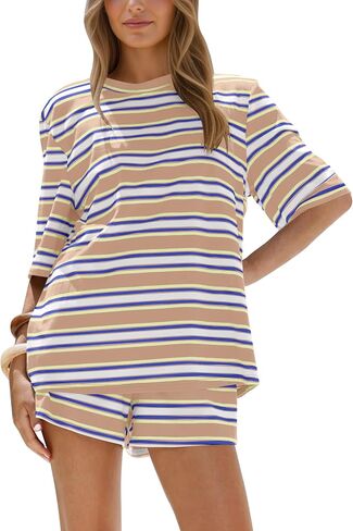 MISSACTIVER Womens Summer 2 Piece Lounge Sets Striped Matching Workout Vacation Set Short Sleeve Oversized T Shirts Shorts in Kuwait