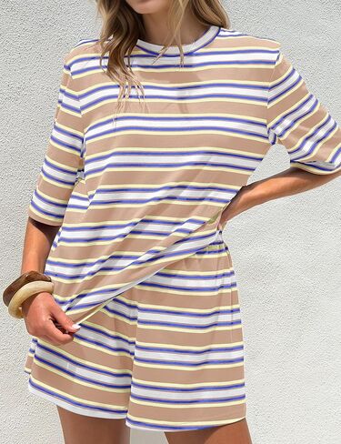 MISSACTIVER Womens Summer 2 Piece Lounge Sets Striped Matching Workout Vacation Set Short Sleeve Oversized T Shirts Shorts in Kuwait