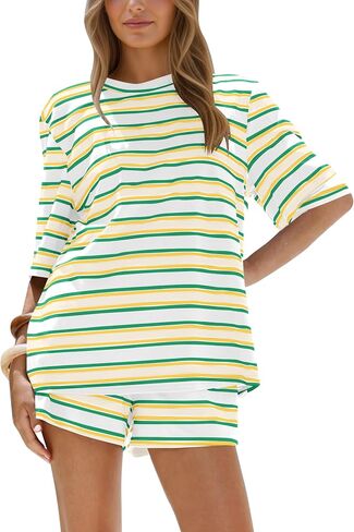 MISSACTIVER Womens Summer 2 Piece Lounge Sets Striped Matching Workout Vacation Set Short Sleeve Oversized T Shirts Shorts in Kuwait