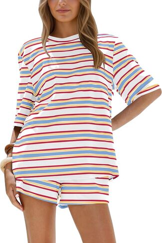 MISSACTIVER Womens Summer 2 Piece Lounge Sets Striped Matching Workout Vacation Set Short Sleeve Oversized T Shirts Shorts in Kuwait