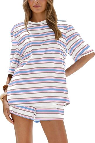 MISSACTIVER Womens Summer 2 Piece Lounge Sets Striped Matching Workout Vacation Set Short Sleeve Oversized T Shirts Shorts in Kuwait
