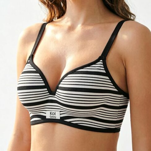 Women's Striped No-Underwire Seamless Bra – Scalloped Deep V Bralette, Comfortable Everyday Sleep Bra in Saudi Arabia