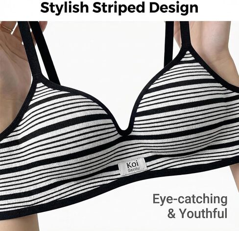 Women's Striped No-Underwire Seamless Bra – Scalloped Deep V Bralette, Comfortable Everyday Sleep Bra in Saudi Arabia