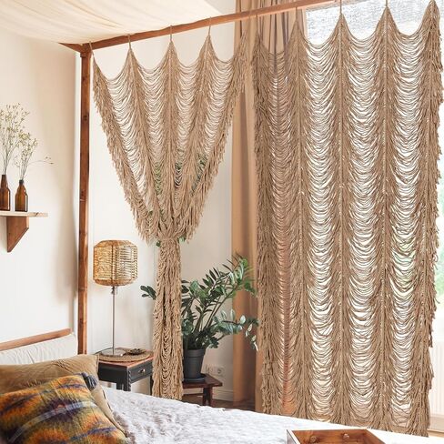 Boshen Macrame Boho Handmade Curtain, 1 Panel Tassels Doorway Window Wall Decor, 100% Cotton Art Craftsmanship Room Divider Wall Hanging for Bedroom, Living Room, Wedding, 75" L x 59" W Kakki in Saudi Arabia