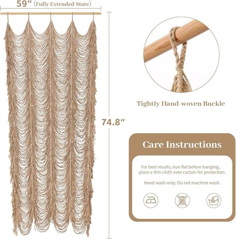 Boshen Macrame Boho Handmade Curtain, 1 Panel Tassels Doorway Window Wall Decor, 100% Cotton Art Craftsmanship Room Divider Wall Hanging for Bedroom, Living Room, Wedding, 75" L x 59" W Kakki in Saudi Arabia