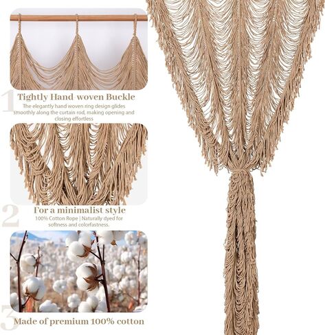 Boshen Macrame Boho Handmade Curtain, 1 Panel Tassels Doorway Window Wall Decor, 100% Cotton Art Craftsmanship Room Divider Wall Hanging for Bedroom, Living Room, Wedding, 75" L x 59" W Kakki in Saudi Arabia