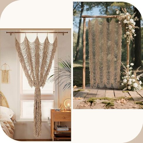 Boshen Macrame Boho Handmade Curtain, 1 Panel Tassels Doorway Window Wall Decor, 100% Cotton Art Craftsmanship Room Divider Wall Hanging for Bedroom, Living Room, Wedding, 75" L x 59" W Kakki in Saudi Arabia