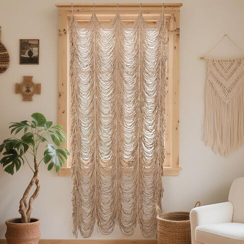 Boshen Macrame Boho Handmade Curtain, 1 Panel Tassels Doorway Window Wall Decor, 100% Cotton Art Craftsmanship Room Divider Wall Hanging for Bedroom, Living Room, Wedding, 75" L x 59" W Kakki in Saudi Arabia
