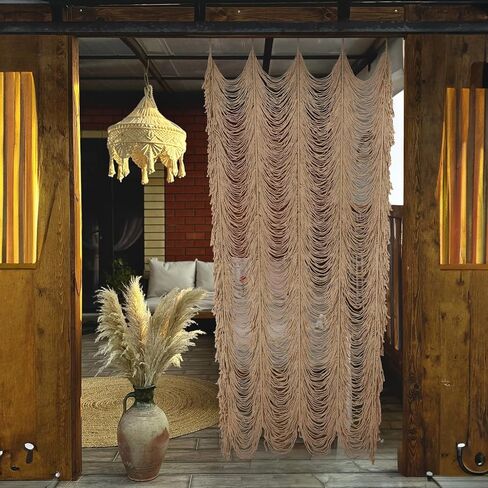 Boshen Macrame Boho Handmade Curtain, 1 Panel Tassels Doorway Window Wall Decor, 100% Cotton Art Craftsmanship Room Divider Wall Hanging for Bedroom, Living Room, Wedding, 75" L x 59" W Kakki in Saudi Arabia