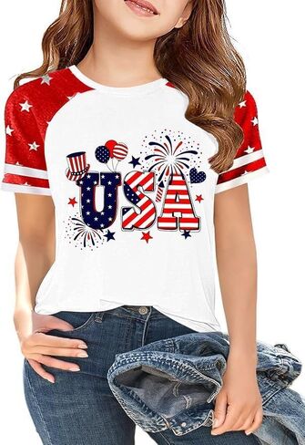 Grils Boys 4th of July Shirt American Flag T-Shirts USA Star Stripes Graphic Independence Day Outfit for Kids in Kuwait
