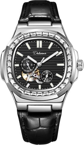 Dulunwe Men‘s Watches Mechanical Automatic Winding Elegant Luxury Leather Wristwatch with Square Analog Chronograph Dial Waterproof and Luminous Design Automatic Wtches for Men in Saudi Arabia