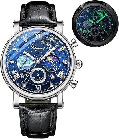 Tiong Men's Business Chronograph Watch - Stainless Steel Band, Moon Phase & Six-Hand - Waterproof, Luminous Date Display Quartz Wristwatch in Saudi Arabia