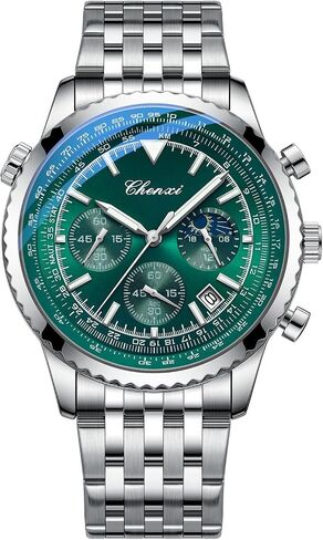 Tiong Men's Business Chronograph Watch - Stainless Steel Band, Moon Phase & Six-Hand - Waterproof, Luminous Date Display Quartz Wristwatch in Saudi Arabia