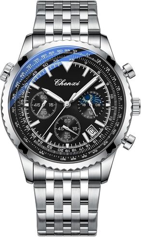 Tiong Men's Business Chronograph Watch - Stainless Steel Band, Moon Phase & Six-Hand - Waterproof, Luminous Date Display Quartz Wristwatch in Saudi Arabia