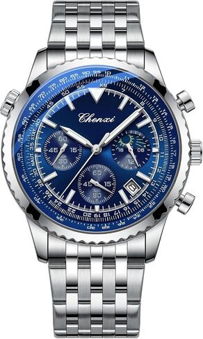Tiong Men's Business Chronograph Watch - Stainless Steel Band, Moon Phase & Six-Hand - Waterproof, Luminous Date Display Quartz Wristwatch in Saudi Arabia