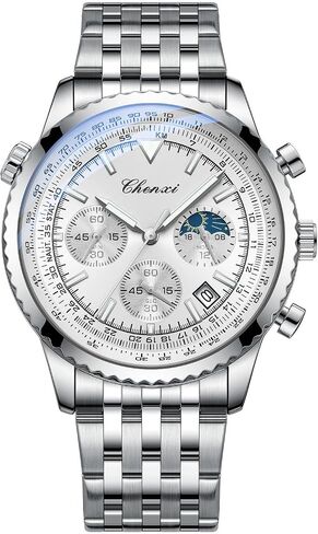 Tiong Men's Business Chronograph Watch - Stainless Steel Band, Moon Phase & Six-Hand - Waterproof, Luminous Date Display Quartz Wristwatch in Saudi Arabia