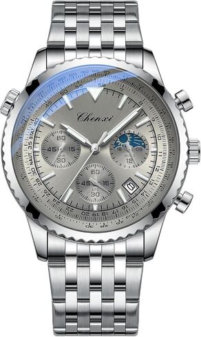 Tiong Men's Business Chronograph Watch - Stainless Steel Band, Moon Phase & Six-Hand - Waterproof, Luminous Date Display Quartz Wristwatch in Saudi Arabia