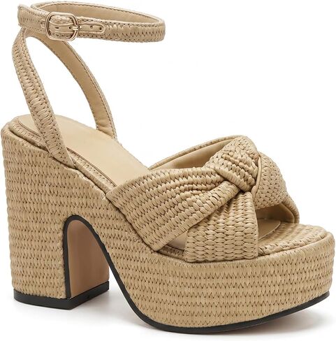 Women’s Raffia Platform Sandals with Cross Knotted Woven Upper, Open Toe Block Heel, Adjustable Ankle Strap Chunky Summer Heels for Vacation Party in Saudi Arabia