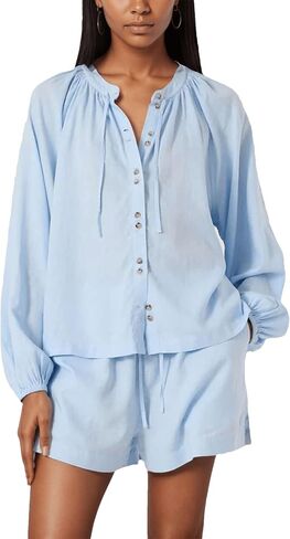 Wanzetaly Women's 2 Piece Sets Long Sleeve Button Down Shirt Matching Shorts Sets Spring Outfit 2026(0679-Blue-M) in Saudi Arabia