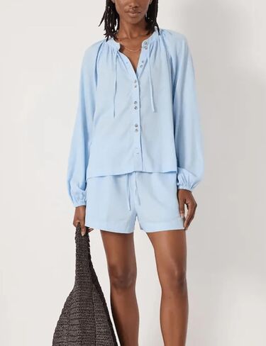 Wanzetaly Women's 2 Piece Sets Long Sleeve Button Down Shirt Matching Shorts Sets Spring Outfit 2026(0679-Blue-M) in Saudi Arabia
