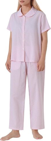 Women's Petite Seersucker Button Up Pajama Set Cotton Gingham 2 Piece Outfits in Saudi Arabia