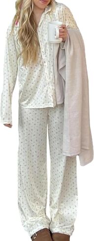 Women 2 Piece Floral Pajama Set Button Down Long Sleeve Wide Leg Fruit Set Cute Pjs Y2K Loungewear Sleepwear S-XL in Saudi Arabia