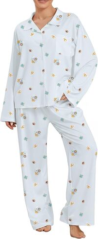Women 2 Piece Floral Pajama Set Button Down Long Sleeve Wide Leg Fruit Set Cute Pjs Y2K Loungewear Sleepwear S-XL in Saudi Arabia