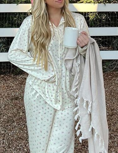Women 2 Piece Floral Pajama Set Button Down Long Sleeve Wide Leg Fruit Set Cute Pjs Y2K Loungewear Sleepwear S-XL in Saudi Arabia