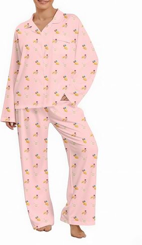 Women 2 Piece Floral Pajama Set Button Down Long Sleeve Wide Leg Fruit Set Cute Pjs Y2K Loungewear Sleepwear S-XL in Saudi Arabia