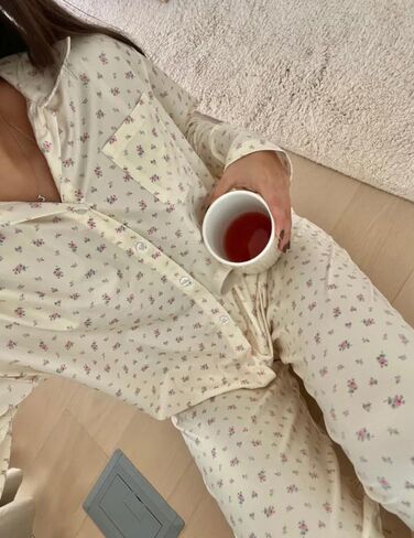 Women 2 Piece Floral Pajama Set Button Down Long Sleeve Wide Leg Fruit Set Cute Pjs Y2K Loungewear Sleepwear S-XL in Saudi Arabia