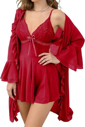 FEOYA Women's Mesh Sheer Pajama Set Nightgown with Robes 2 Piece Sexy Cami Lace Nightdress with Robe Sleepwear in Kuwait