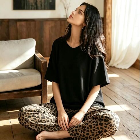 Women's Soft Printed 2 Pack Pajamas Set Short Sleeve Top & Pants Lounge Sleepwear with Pockets in Kuwait
